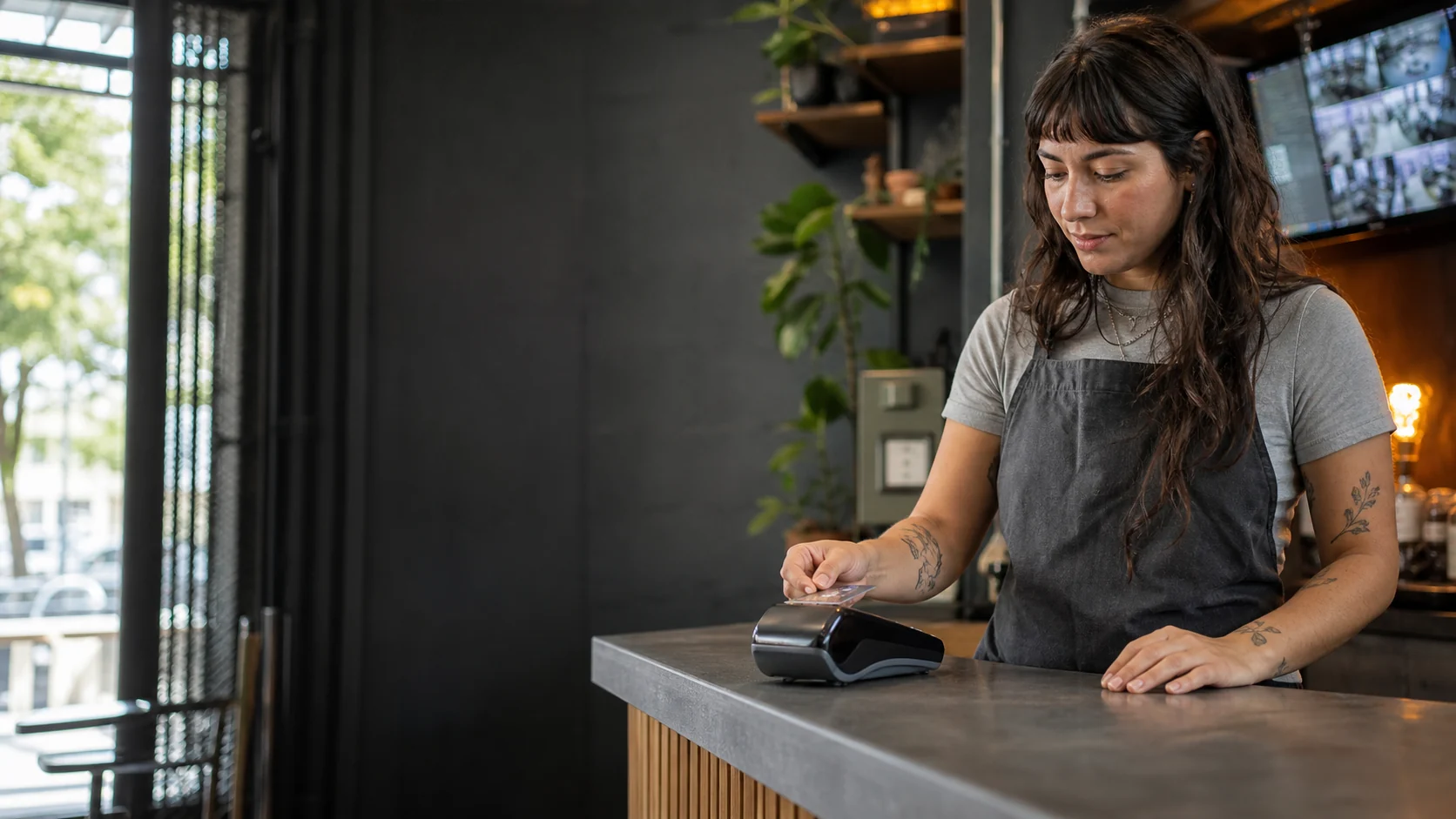 A business operator accepting a card payment at a counter