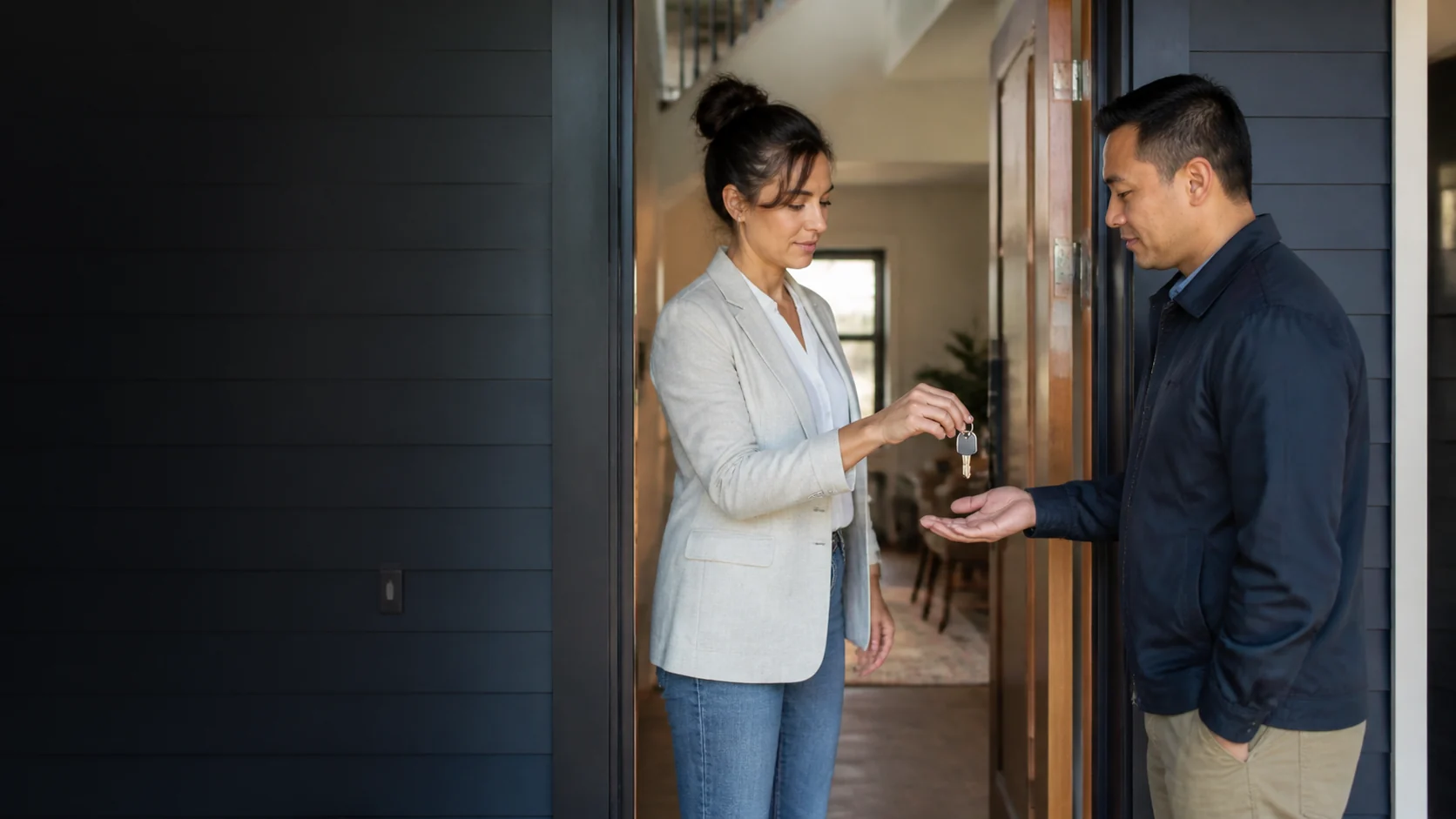 A professional giving keys to a person at a home