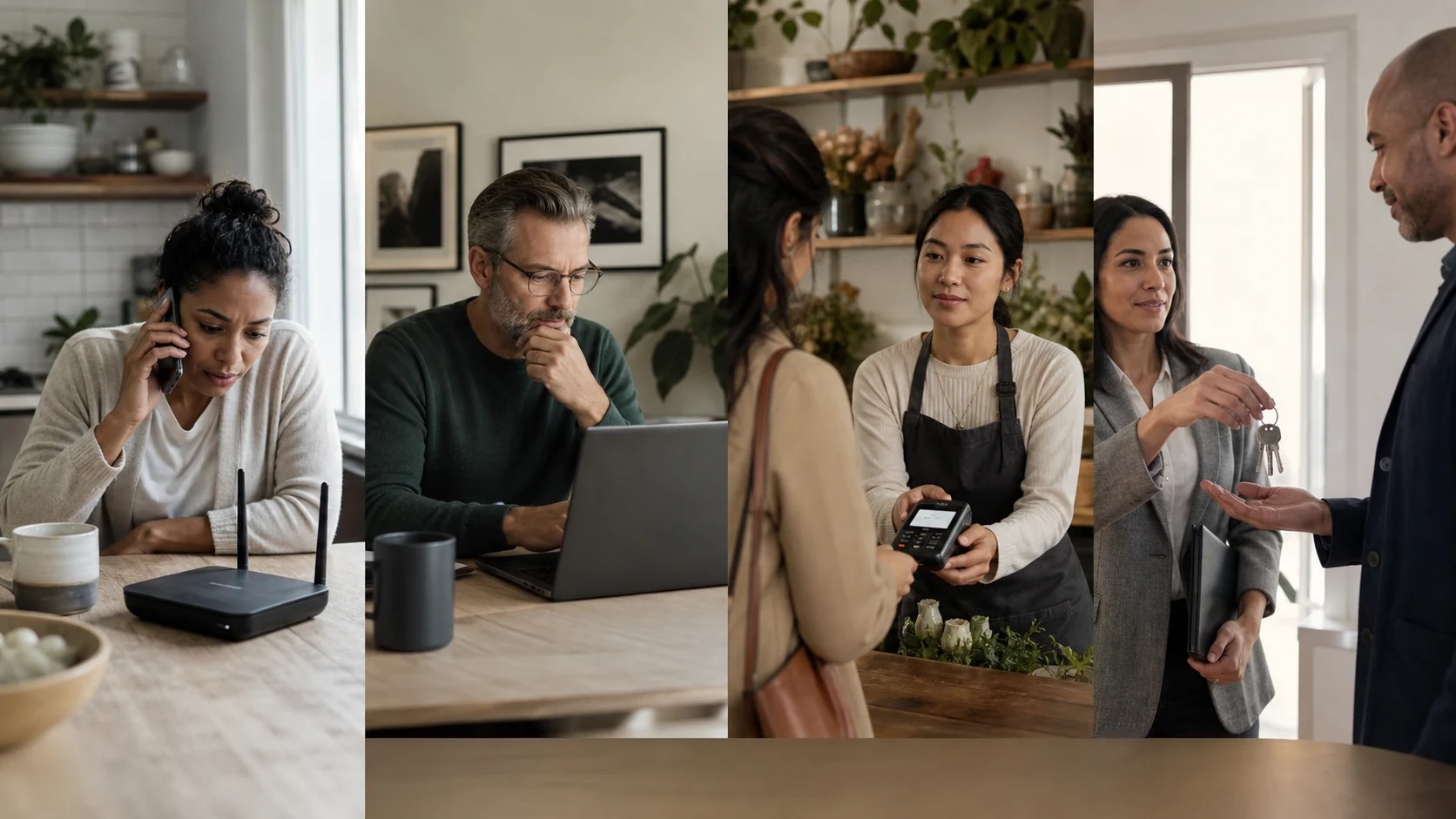 People reviewing home internet, business payments, and a professional referral